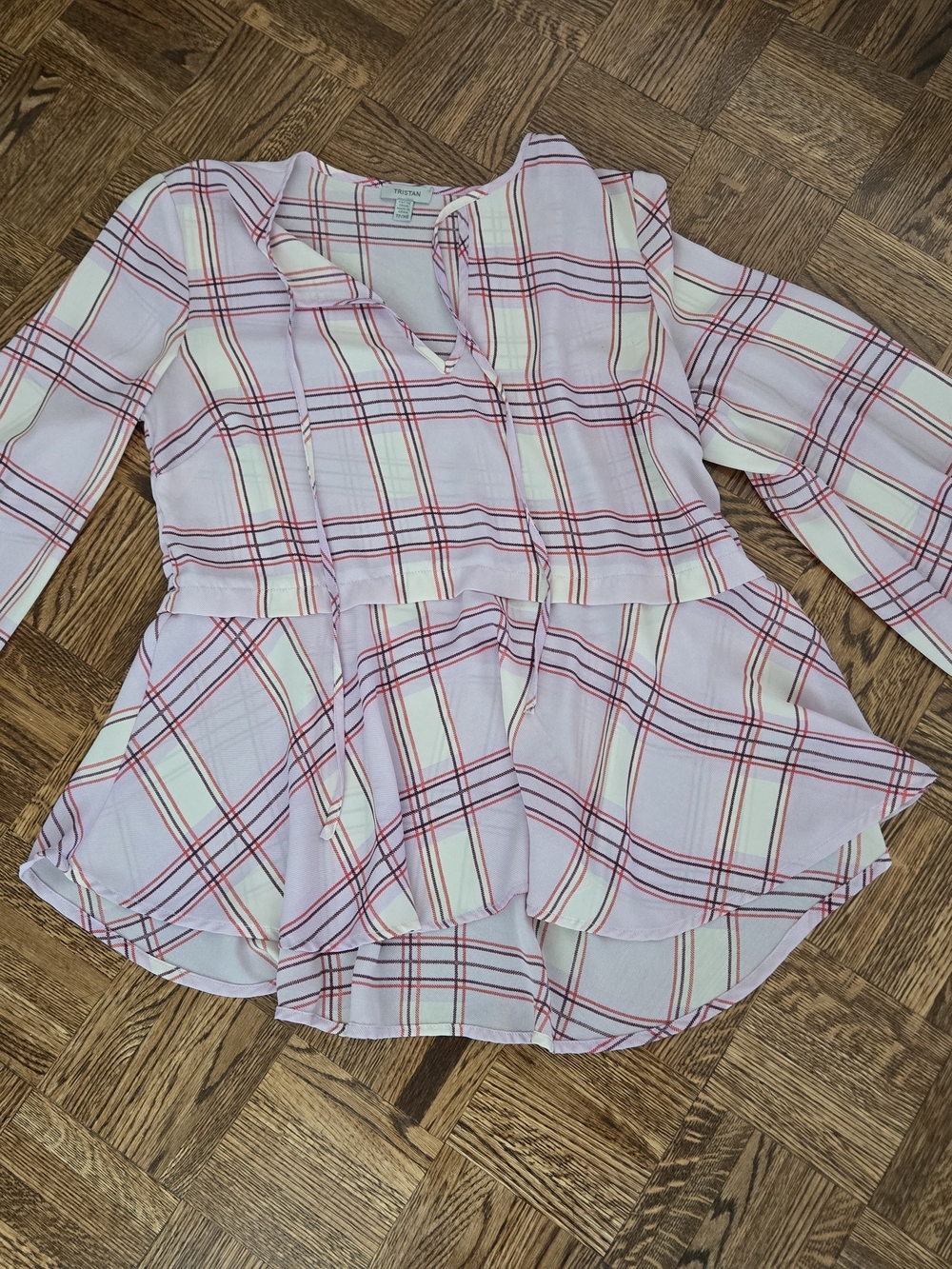 Tristan Pink & White Plaid Peplum Blouse